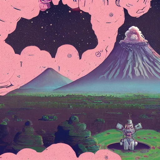 Image similar to On the morning of the robot queen's coronation, The Mekanik Doll, chubby moss kitten, Mount Fuji seen from the International Space Station, the theme of Alice in Wonderland, digital painting, concept art, illustration, deep dark, artstation, intricate, beautiful and thematically complex, ue5, by Dylan Kowalski and deiv calviz