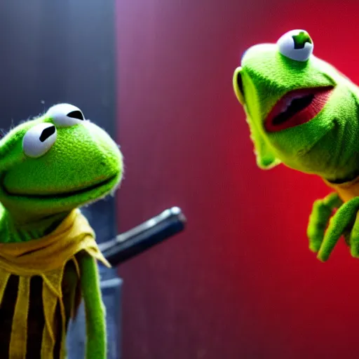 Prompt: kermit kills with a sword, blood shower, hyper detailed, 8 k, pixar.