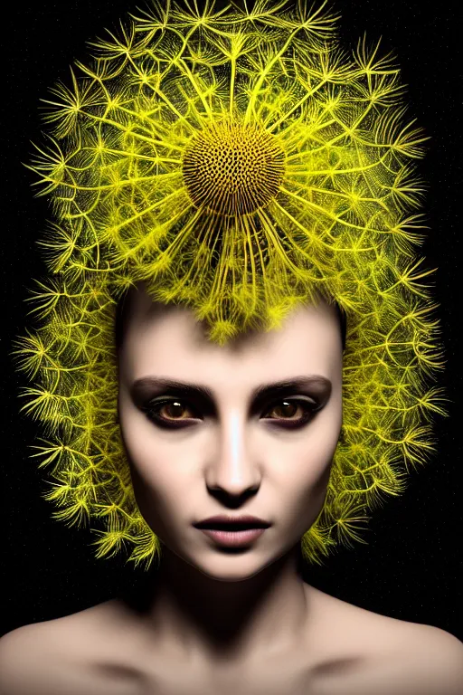 Prompt: intricate hyper detailed ultra sharp 3 d render of profile portrait, dark witch, leaves stems, unsplash model transparent fractal dandelion, moon in the background, yellow pistil filigree roots, intricate details, human face, facial features, elegant, hyper realistic, ultra detailed, octane render, volumetric cinematic lighting, 8 k post - production