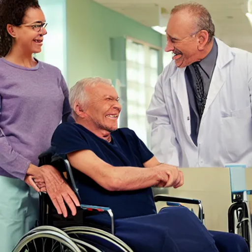 Image similar to a male patient in a wheelchair in the hospital with his wife and son standing by. happy, cheerful, smiling, cinematic lighting, art by emiliya lane, margaret dyer