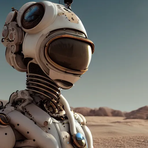 Image similar to portrait photography of a white steampunk space engineer suit, in an desert alien planet, ultra detail, beautiful light, high detail, 8 k, f / 2. 8, octane render