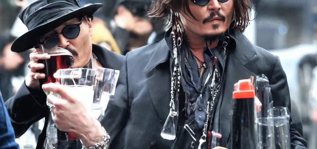 Prompt: johnny depp sipping a mega pint of red wine, cyberpunk