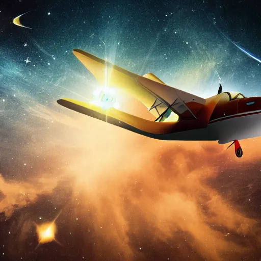 Prompt: shiny 50s bimotor plane flying in space, stars in the background, 4k high resolution photography, intricate details, award winning space photography