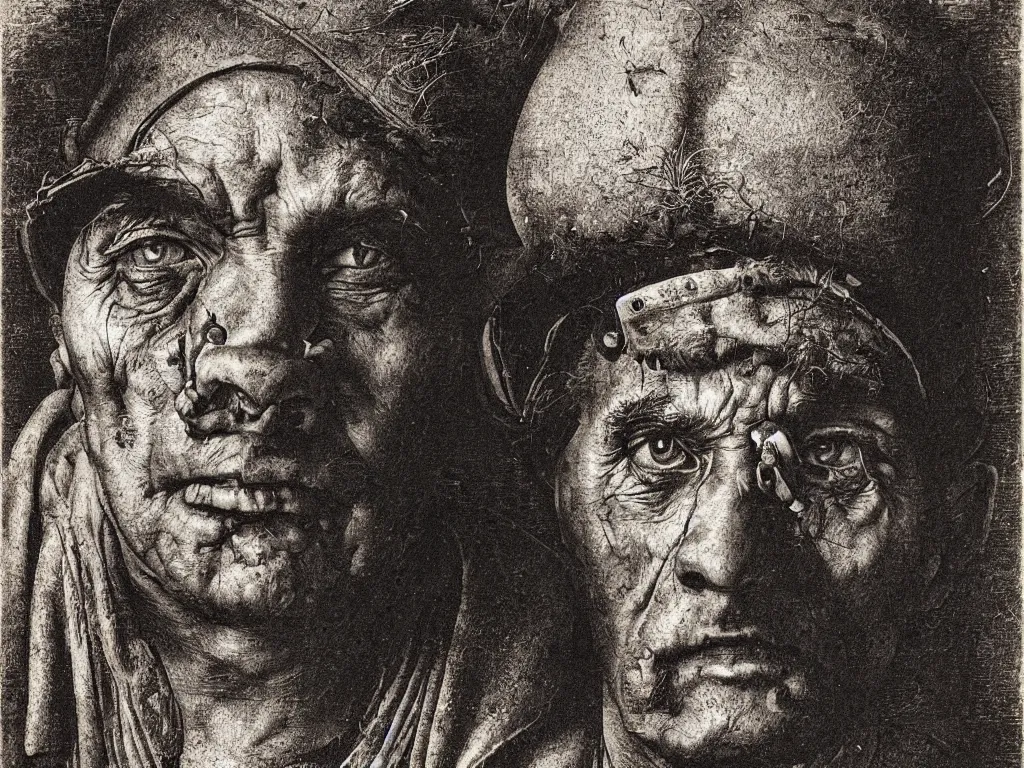 Image similar to portrait of a head of a man working in the coal mine. copper engraving by albrecht durer, august sander