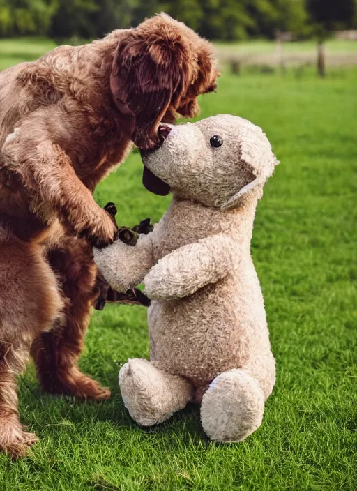 Image similar to a beautiful detailed photo of a dog playing with a teddy on a farm, realistic, f 8, 4 k hd wallpaper