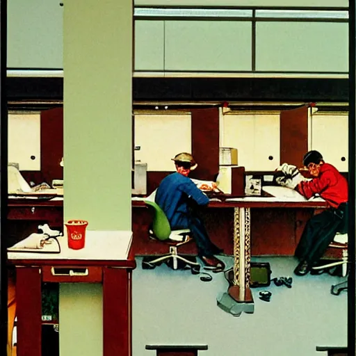 Image similar to Workers in office cubicles making a computer game, working late to meet a deadline, as painted by Norman Rockwell.