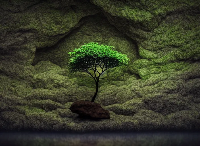 Image similar to a small tree on an island in a river in an underground cave. fantasy magic style. highly detailed 8 k. intricate. lifelike. soft light. sony a 7 r iv 5 5 mm. cinematic post - processing