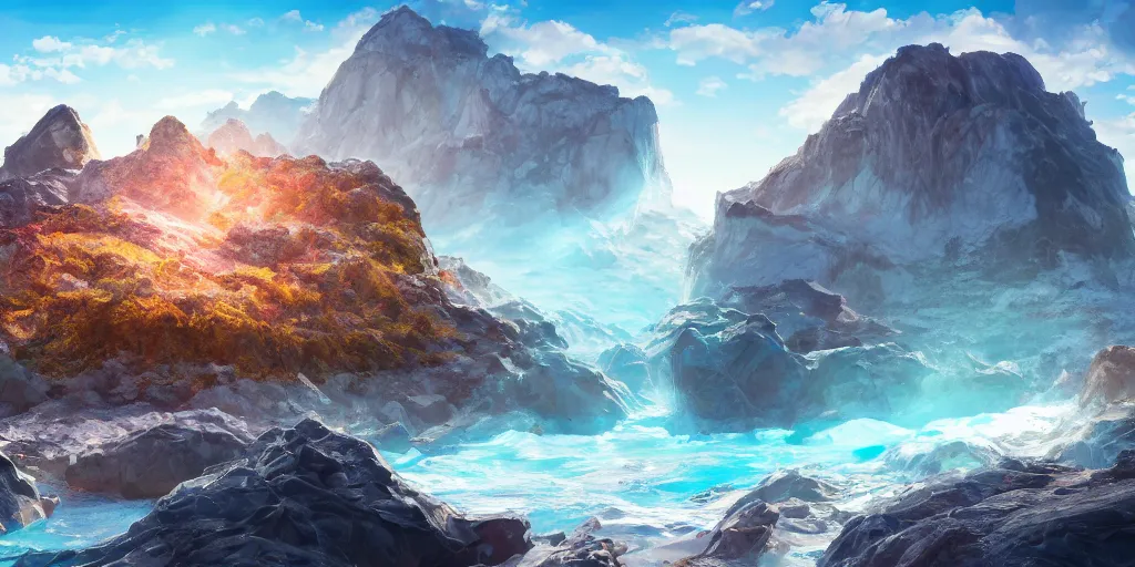 Image similar to a desolate salt covered island surrounded by colourful rugged crystal quartz mountains, illustration, bright sunlight, sun glints, sunrays, digital art, hyperrealistic, oil painting, fantasy, 8 k, trending on artstation, detailed