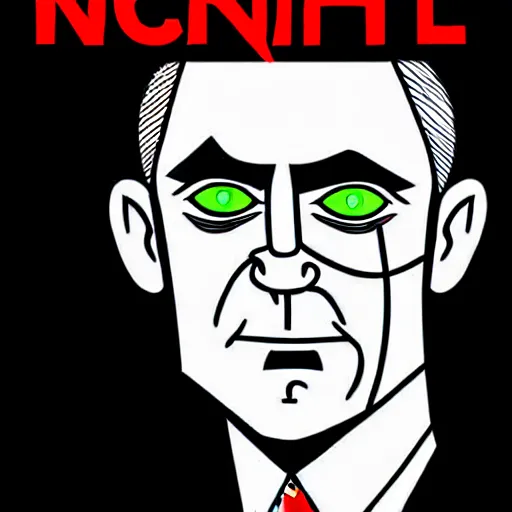 Image similar to bright demonic glowing eyes, digital illustration of secretary of denis mcdonough face, cover art of graphic novel, evil laugh, menacing, Machiavellian puppetmaster, villain, clean lines, clean ink