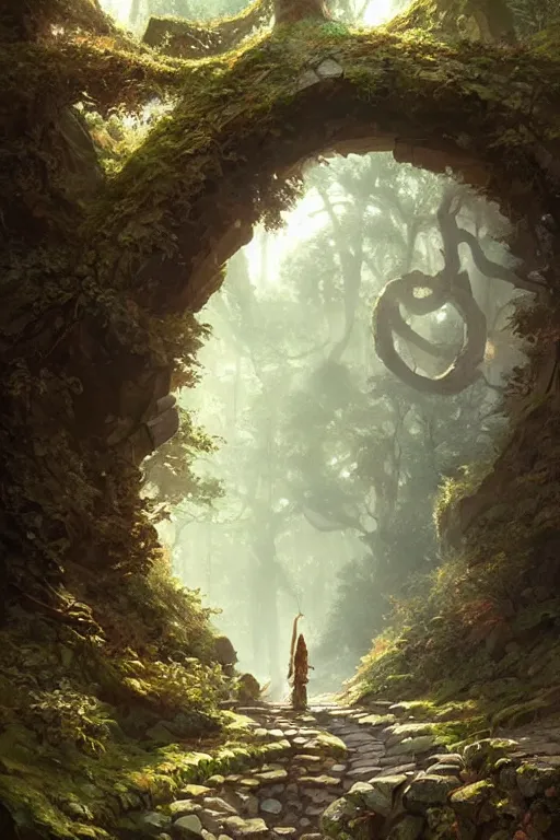 Image similar to big arch made of stones in a forest, d & d, fantasy, intricate, elegant, highly detailed, digital painting, artstation, concept art, matte, sharp focus, illustration, hearthstone, art by artgerm and greg rutkowski and alphonse mucha