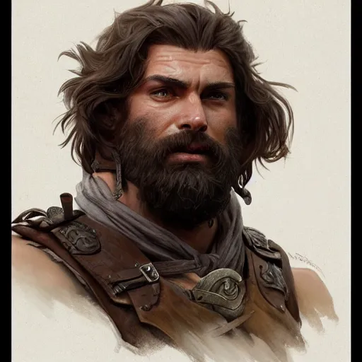 Image similar to portrait of a rugged ranger, muscular, upper body, hairy chest, D&D, fantasy, intricate, elegant, highly detailed, digital painting, artstation, concept art, matte, sharp focus, illustration, art by Artgerm and Greg Rutkowski and Alphonse Mucha