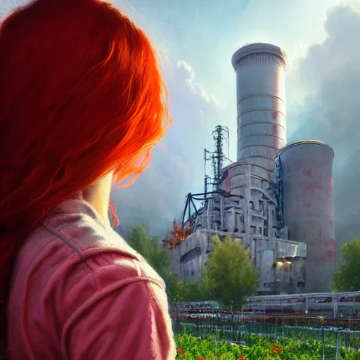 Image similar to red hair girl, chernobyl powerplant, disneyland castle, rubble, flowers, vines, hyperrealistic, highly detailed, cinematic, single ray of golden sunlight, beautiful, cgssociety, artstation, 8 k, oil painting by greg rutkowski, by artgerm, by wlop