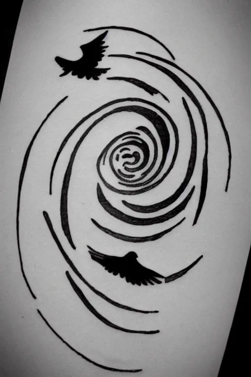 Image similar to a simple tattoo design of birds flying in a 8 spiral, black ink, logo