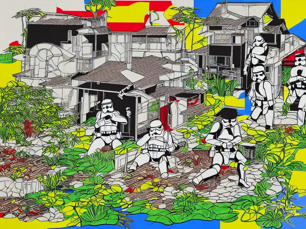 Image similar to detailed composition of the japanese home with a garden and a pond, 2 stormtroopers sitting around it, pop - art style, jacky tsai style, andy warhol style, roy lichtenstein style, rich palette, acrylic on canvas