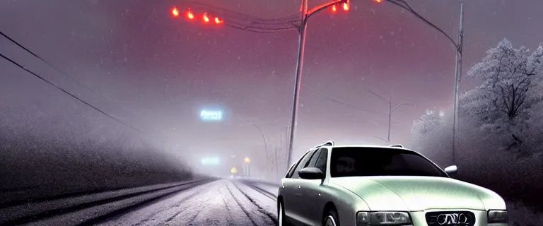 Image similar to Audi A4 B6 Avant (2002), a gritty neo-noir, dramatic bright lighting, cinematic, establishing shot, extremely high detail, photorealistic, cinematic lighting, artstation, by simon stalenhag, Snowy italian road, Snowy Alps, serious car crash, At night, Poets of the Fall - Late Goodbye