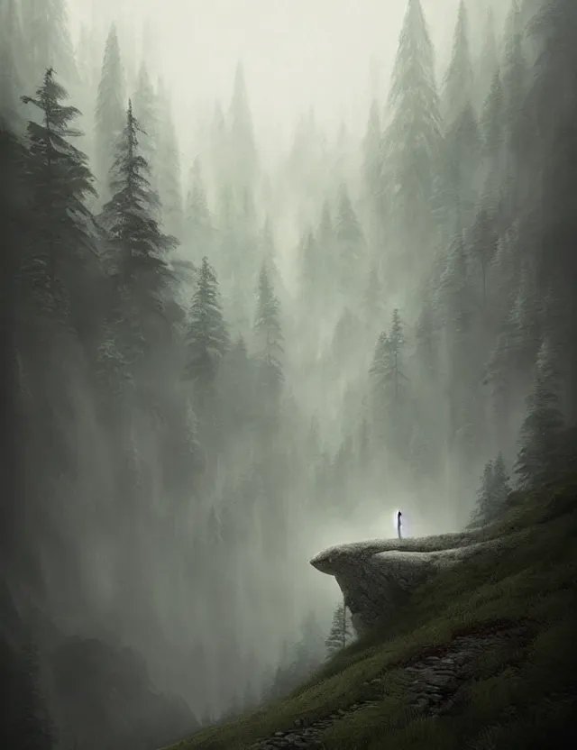 Prompt: hyperreality, mountains and forest stretching into the distance, fog, louise parker, tony's art,, greg rutkowski