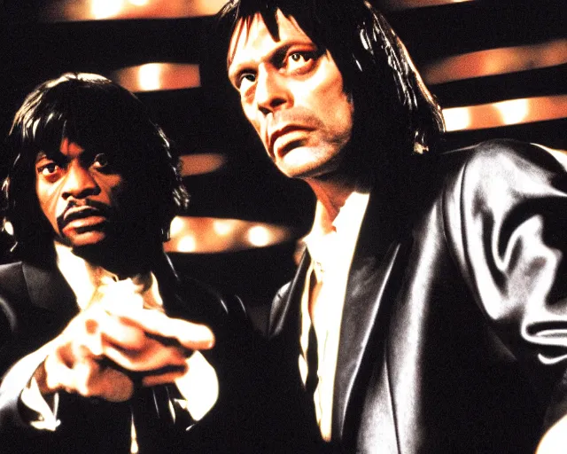 Image similar to detailed Mads Mikkelsen as Vincent Vega in Pulp Fiction with his partner Jules Winnfield, movie scene