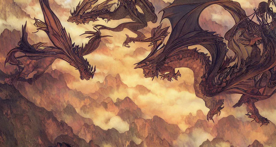 Image similar to A beautiful landscape painting of dragons flying to a nesting spot by Alfons Maria Mucha and junji ito and Makoto Shinkai