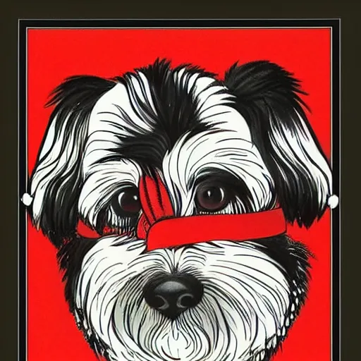 Prompt: Tlingit Haida lithographic, havanese dog red and black white only, lithograph print