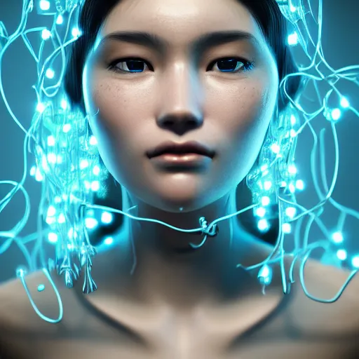 Image similar to intricate highly detailed face portrait of asian - european woman, light blue transparent metal vines on her face, intricate, cgsociety, unreal engine, octane render, sharp focus, smooth, volumetric lighting, cinematic composition, artstation