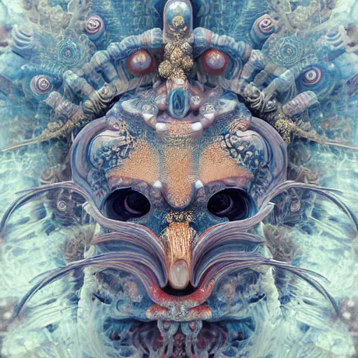 Prompt: 3 d goddess fractal close - up frontal portrait with ram golden skull. beautiful intricately detailed japanese fractal kitsune mask and clasical japanese kimono. betta fish, jellyfish fractal, bio luminescent, plasma, ice, water, wind, creature, mandelbulb, fractal, artwork by tooth wu and wlop and beeple and greg rutkowski