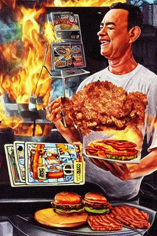 Prompt: tom hanks grilling burgers tarot card, turbografx