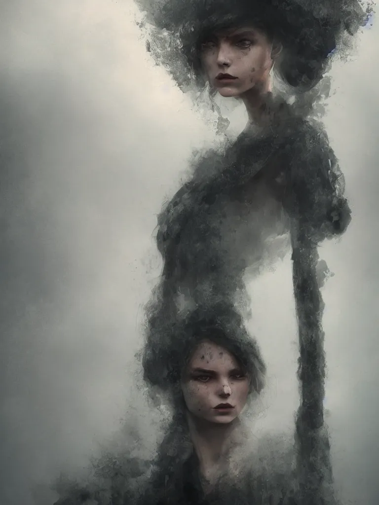 Image similar to a portrait of a beautiful stunning young woman made of mist. made of smoke and ember, high contrast, hdr, by enki bilal, tim burton, greg rutkowski, daarken