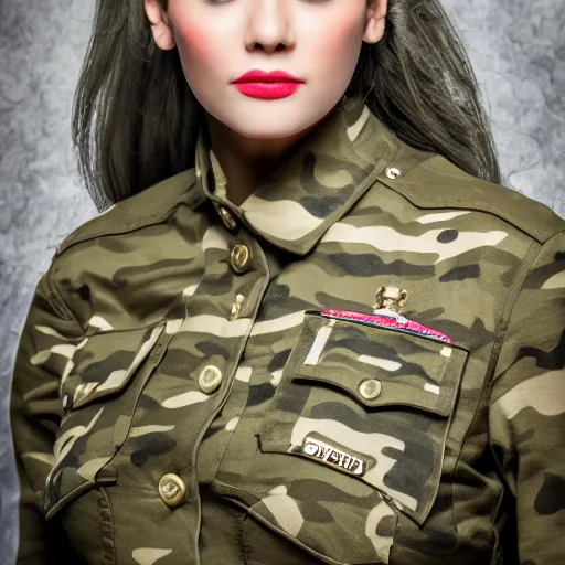 Image similar to attractive woman wearing military outfit and camouflage cinematic photoshoot high quality highly affordable photo realistic 8 k hd