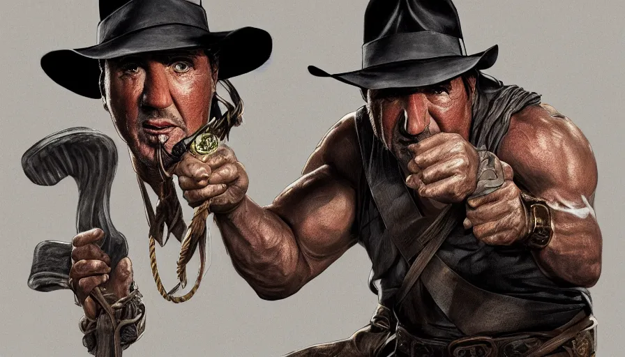 Image similar to sylvester stallone as indiana jones holding a whip in left hand and holding a golden mayan skull in the right hand, grey background, hyperdetailed, artstation, cgsociety, 8 k