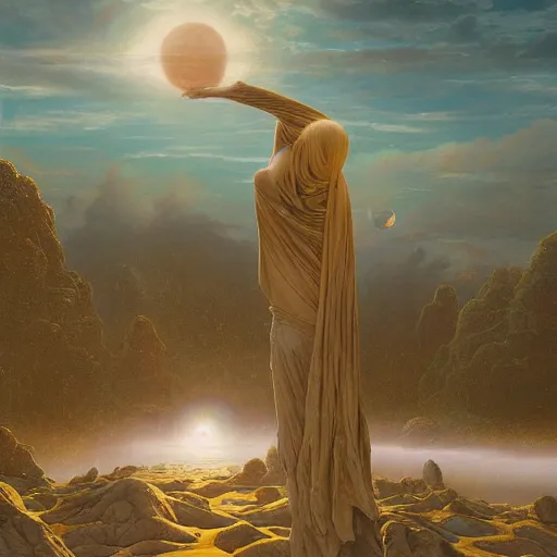 Prompt: David Friedrich, Esao Andrews, scifi landscape, hyperrealistic surrealism, award winning masterpiece with incredible details, epic stunning, infinity pool, a surreal vaporwave liminal space, highly detailed, trending on ArtStation, artgerm and greg rutkowski and alphonse mucha, daily deviation, IAMAG, broken giant marble head statue ruins, golden hour