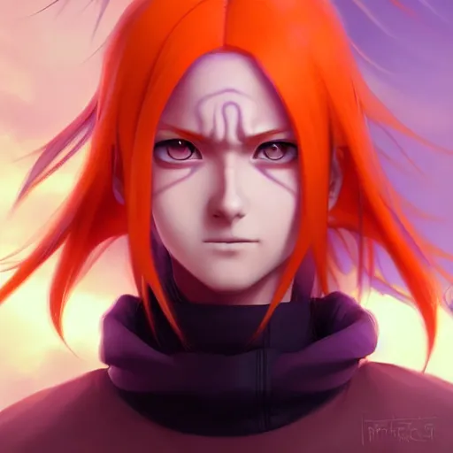 Image similar to portrait of pain from naruto shippuden, orange hair, violet eyes, highly detailed, digital painting, artstation, concept art, smooth, sharp focus, illustration, art by artgerm and greg rutkowski and alphonse mucha, beautiful composition