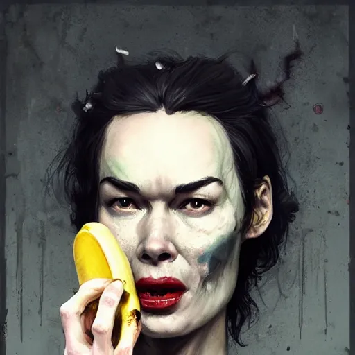 Prompt: color head portrait of lena headey eating a banana as a zombie, 7 days to die zombie, gritty background, fine art, award winning, intricate, elegant, sharp focus, cinematic lighting, digital painting, 8 k concept art, art by michael hussar, art by brom, art by guweiz and z. w. gu, 8 k