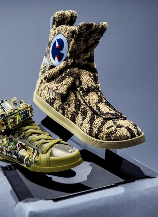 Prompt: hyperrealistic and heavy detailed product photo bape avant garde shoe of movie the fifth element, in front of white back drop, whole shoe is in picture, leica sl 2 5 0 mm, vivid color, high quality, high textured, real life