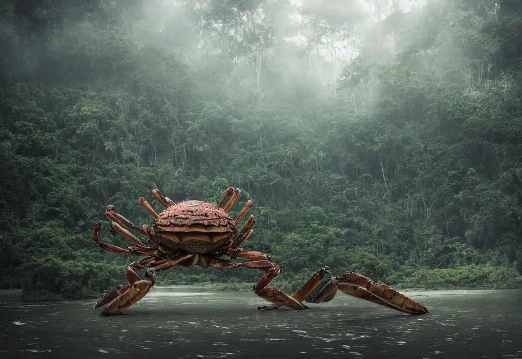 Image similar to an enormous giant crab king, in a jungle with ominous light from above, ambient light, fog, river, very poetic