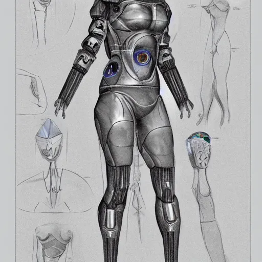 Image similar to Tall sweet woman with an athletic build. She is a bio-machine. There is a crystal in her chest that can be removed. She lost her arms in a fight and now has to use cybernetic ones that attach at the shoulder. Her face and eyes are sharp but kind. Facial features fit her face. Small ears. She has a tail that she wraps around her waist at times. Her hair is in a slightly messy bob and colored light blue. Digital character art trending on artstation.