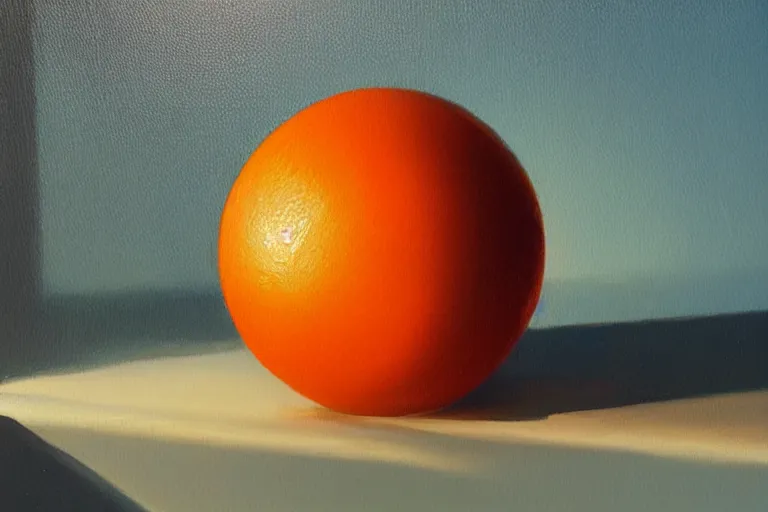 Image similar to An oil painting of an orange sphere on top of a blue cube sitting on a white table, dramatic lighting, hyper-realistic, extremely high detail, artstation