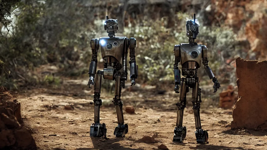 Prompt: film still from the movie chappie of the robot chappie shiny metal outdoor planet mars red rock scene bokeh depth of field several figures furry anthro anthropomorphic stylized cat ears head android service droid robot machine fursona