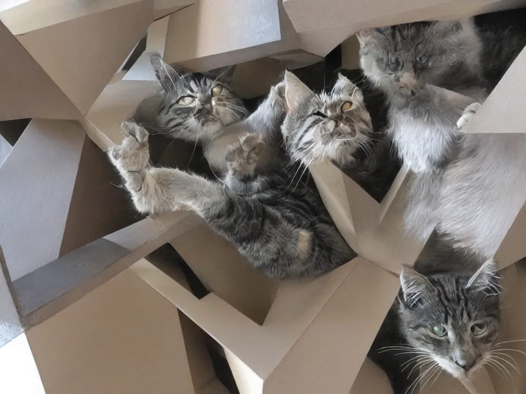 Prompt: cats hanging on hyper-dimensional impossible geometric object