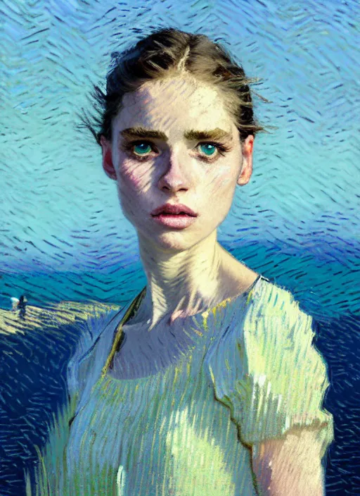 Image similar to portrait of a beautiful girl, sea dunes backdrop, sad, pastel shades of light blue and light yellow, beautiful face, rule of thirds, intricate outfit, spotlight, by greg rutkowski, by jeremy mann, by francoise nielly, by van gogh, by rineke dijkstra, digital painting