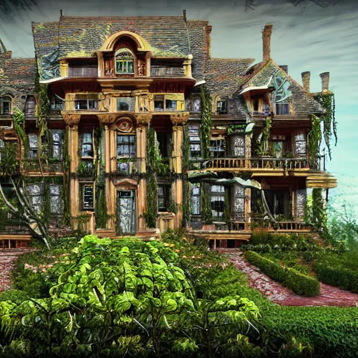Prompt: ugly gaudy mansion, abandoned, growing vines, very old, professional art, trending on artstation, very detailed, realistic,