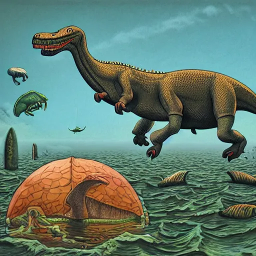 Image similar to dinosaur in water inspired by jacek yerka, cinematic