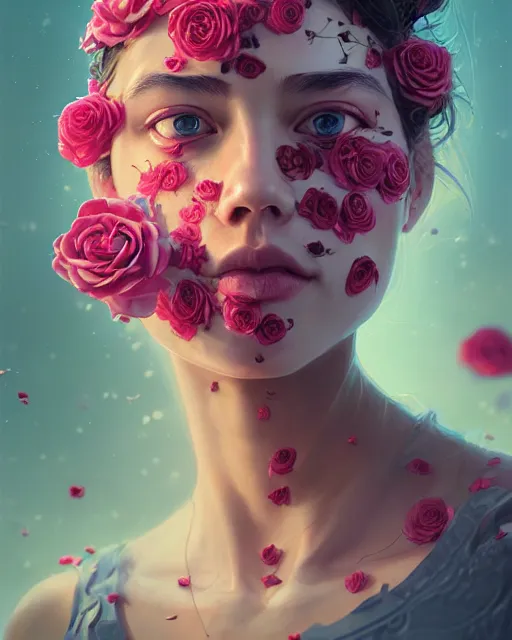 Image similar to portrait of a female face with roses instead of eyes. roses, intricate abstract upper body intricate artwork, by tooth wu, wlop, beeple, dan mumford. concept art, octane render, deviantart, greg rutkowski, cinematic arthouse, key art, hyper realism, iridescent accents