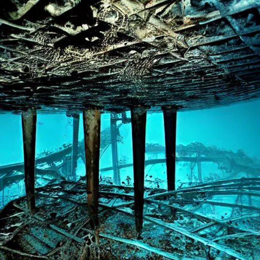 Prompt: an underwater photograph of a rusty complex underwater structure, submechanophobia, eerie, creepy, surreal, dark, void,