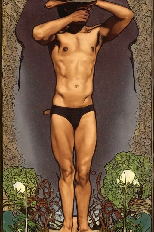 Prompt: a dramatic ethereal epic symmetrical painting of a handsome black man holding a plant | he is shirtless and wearing a cowboy hat and boots | background is a forest fire conflagration flames | tarot card, art deco, art nouveau, homoerotic, realistic | by Dresden Codak, by Mark Maggiori and ((((Alphonse Mucha))) | trending on artstation