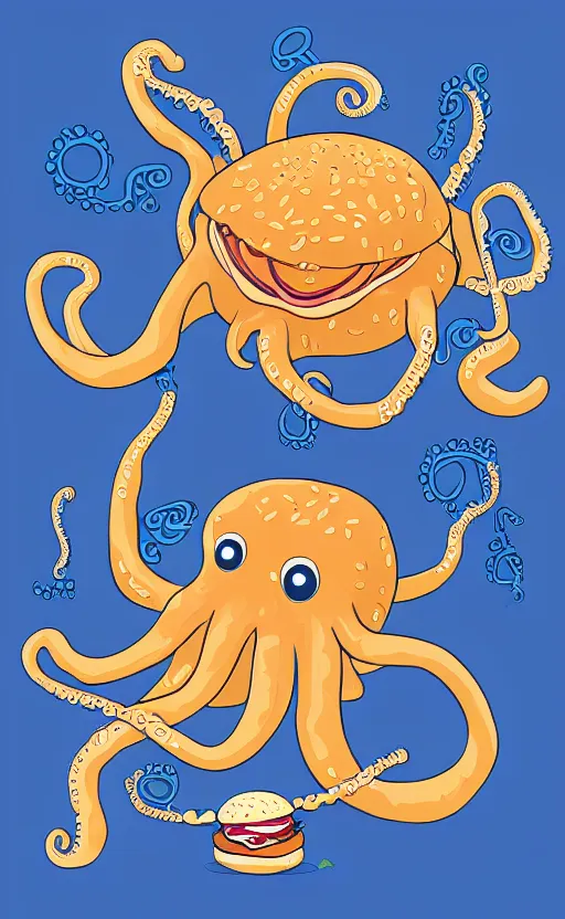 Prompt: highly detailed illustration of octopus holding burger, tentacles wrapped around hamburger, poster, symmetrical, 8 k, trending