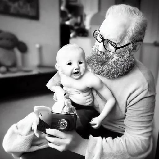 Image similar to cute cartoon character, beard grandpa taking a photo to a baby girl, old camera