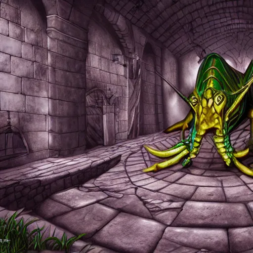 Image similar to basilisk in a dungeon, highly detailed, digital art, unreal engine