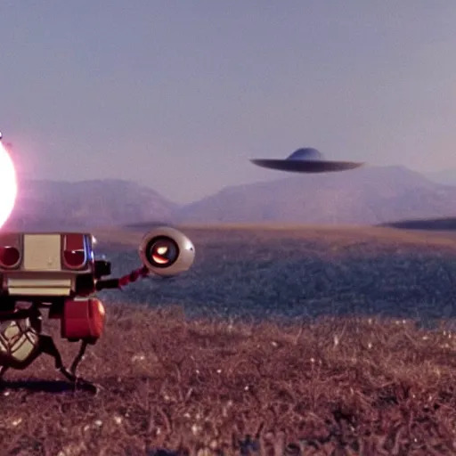 Image similar to johnny 5 and et flying a ufo together, cinematic, movie still