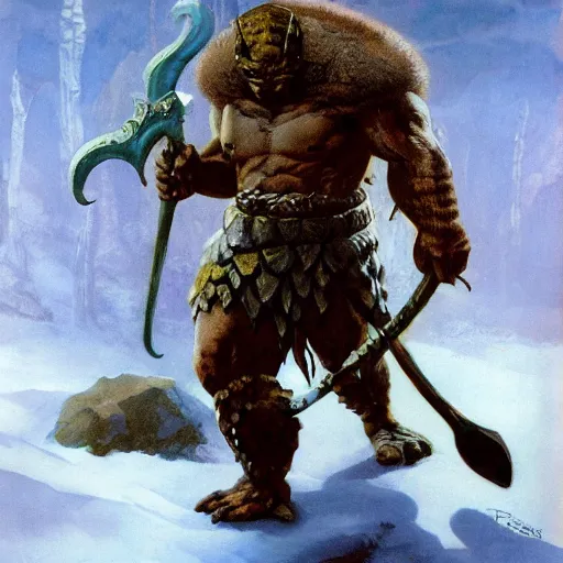 Image similar to anthropomorphic turtle barbarian humanoid by frank frazetta, carapace, blizzard, winter, night, furs, fantasy