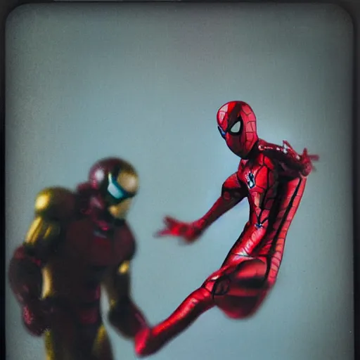 Image similar to a single iron man and spider - man hybrid, dslr, polaroid